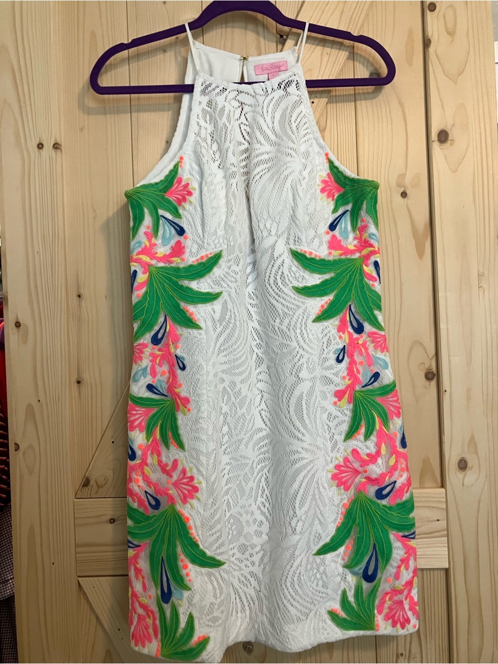 Lilly Pulitzer White Lace Halter Dress with Tropical Neon Embroidery